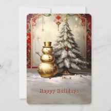 Gold Snowman Christmas Tree Holiday Card