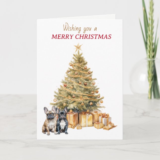 Cartão De Festividades Gold Tree French Bulldogs Christmas Card (Frente)