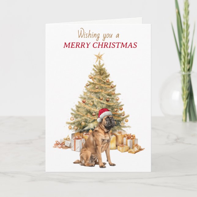 Cartão De Festividades Gold Tree Santa Hat Mastiff Dog Christmas Card (Frente)