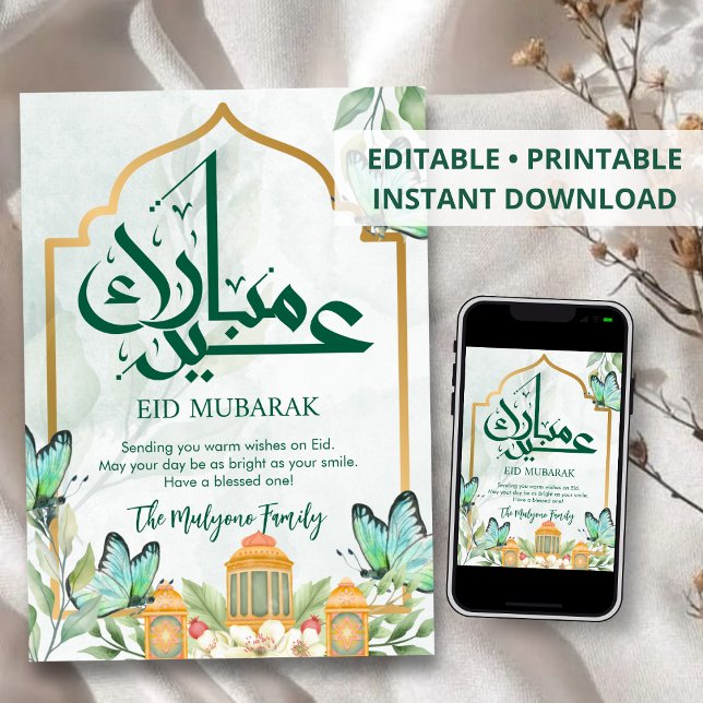 Cartão De Festividades Golden Islamic Arch Teal Butterflies Eid Mubarak (Criador carregado)
