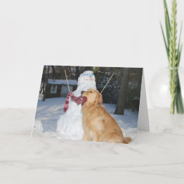 Cartão De Festividades Golden Retriever Construindo Boneco de Neve para a