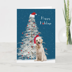 Cartão De Festividades Golden Retriever de Natal com Árvore Branca