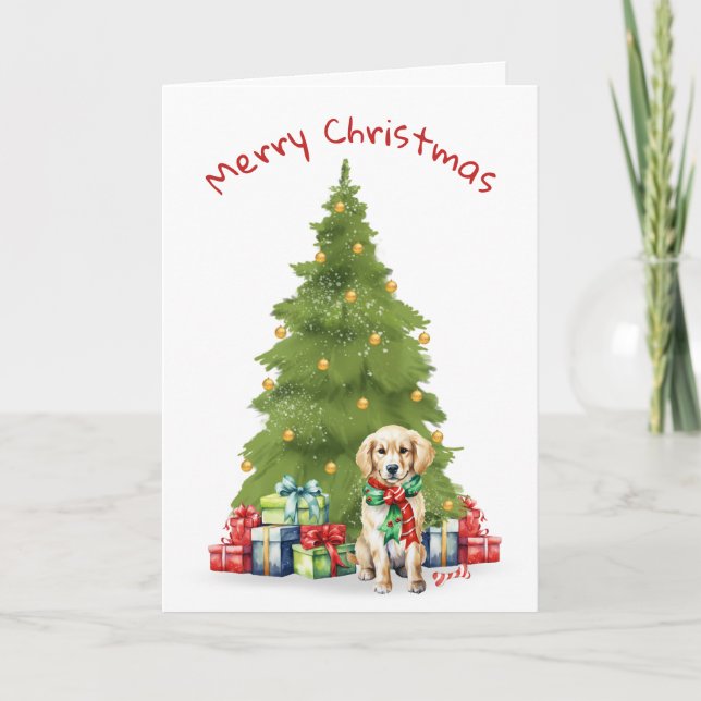 Cartão De Festividades Golden Retriever de Natal com Presentes (Frente)
