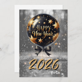 Cartão De Festividades Golden Sparkle New Year Balloon with 2026 Glow