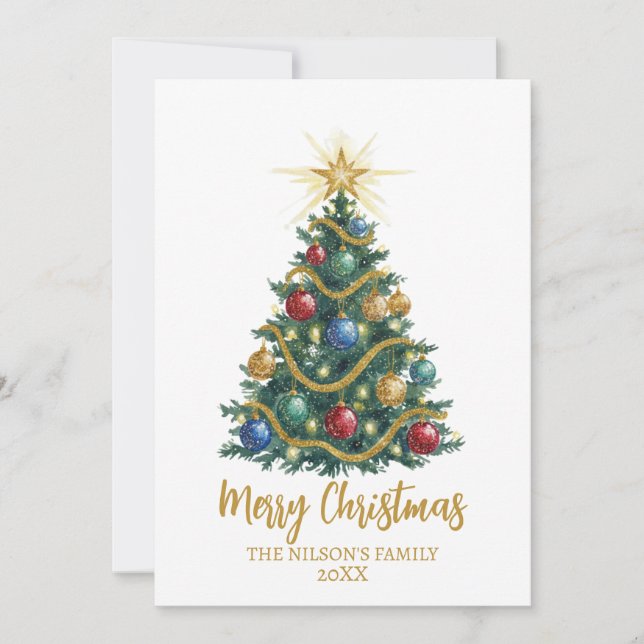 Cartão De Festividades Golden Star watercolor Christmas Tree Card (Frente)