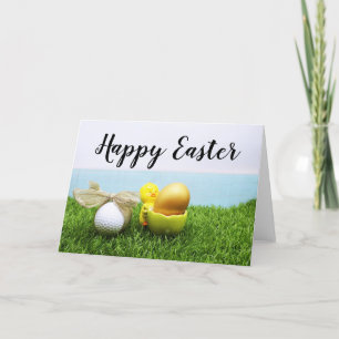Cartão De Festividades Golf Easter with chicken in egg shell on green