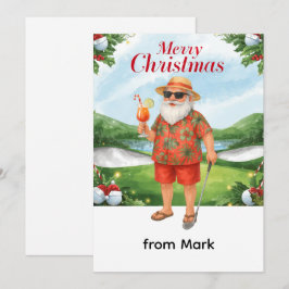 Cartão De Festividades Golf Feliz Natal Papai Noel Golfista tema Praia