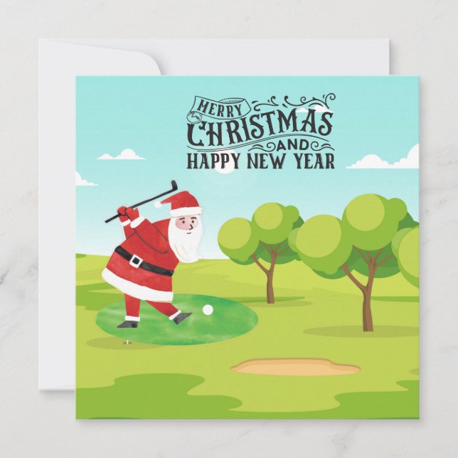 Cartão De Festividades Golf Santa Claus jogando golfe no Natal (Frente)