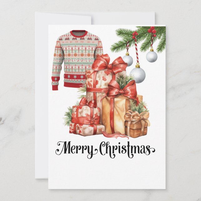 Cartão De Festividades Golf Ugly Sweater temático para o Natal de golfe (Frente)