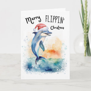 Cartão De Festividades Golfinho Papai Noel Alegre Natal Praia