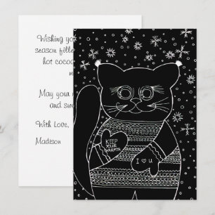 Cartão De Festividades Gordo Gato de Inverno em Suéter Preto de Férias