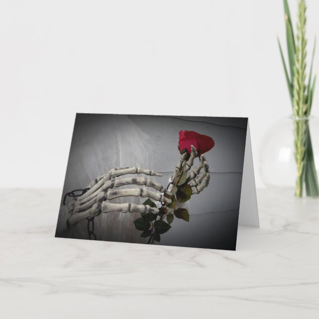 Cartão De Festividades Gothic Valentine's day skeleton holding a rose (Frente)