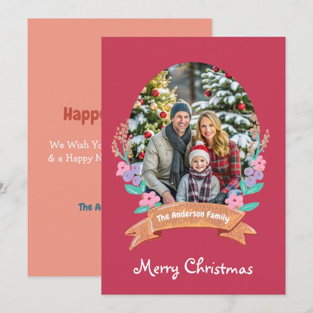 Cartão De Festividades Graceful Blossoms Floral Wreath Xmas foto vermelha (Frente/Verso)