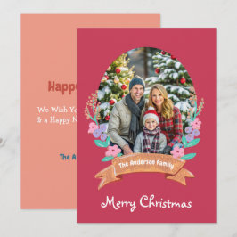 Cartão De Festividades Graceful Blossoms Floral Wreath Xmas foto vermelha