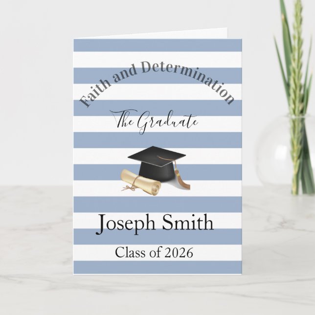 Cartão De Festividades Graduation Cute Blue & White Stripe Greeting Card  (Frente)