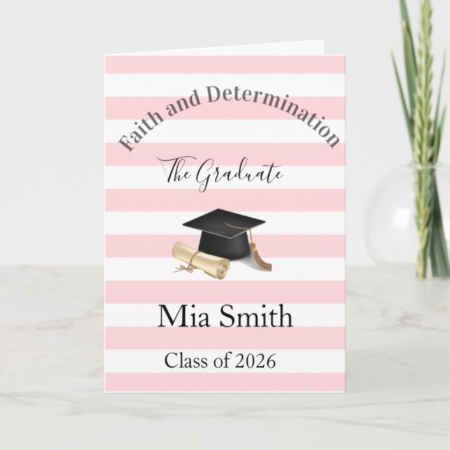 Cartão De Festividades Graduation Cute Pink & White Stripe Greeting Card  (Frente)