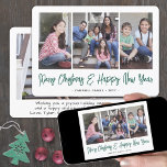 Cartão De Festividades Gráfico de Natal e Anos novos com Script Verde Bru<br><div class="desc">Envie saudações na moda alegres e compartilhe quatro das suas fotos favoritas com um cartão de feriado personalizado exclusivo para colagem de fotos. Todo o texto nesta modelo é simples de personalizar para incluir qualquer texto, como Feliz Natal, Feliz Natal, Saudações de Sábios, Cheers de Ano Novo, etc. (DICA DE...</div>