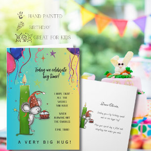 Cartão De Festividades Grande Grito de Aniversário Rato Cute em Aquarela