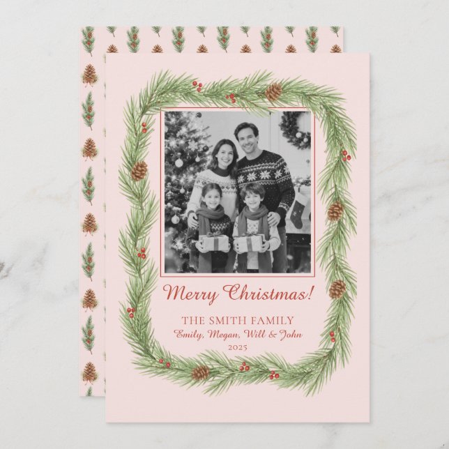 Cartão De Festividades Grandmillennial Christmas Garland & Pinecone Photo (Frente/Verso)