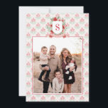 Cartão De Festividades Grandmillennial Floral Crest | Christmas Monogram<br><div class="desc">This vertical Christmas photo card has a preppy grandmillennial design featuring a floral crest surrounded with berries an with a monogram letter in the center. The front and back have a coordinating damask pattern.</div>