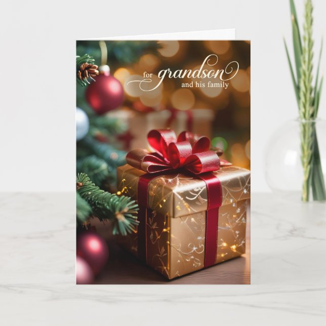 Cartão De Festividades Grandson and Family Christmas Tree and Golden Gift (Frente)