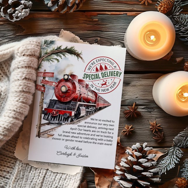Cartão De Festividades Gravidez de Entrega Especial do Comboio Polar Expr (Christmas Card Pregnancy Announcement. Special delivery baby reveal with polar express train theme)