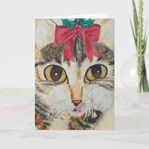 Cartão De Festividades gray kitten licking paws wearing red bow christmas