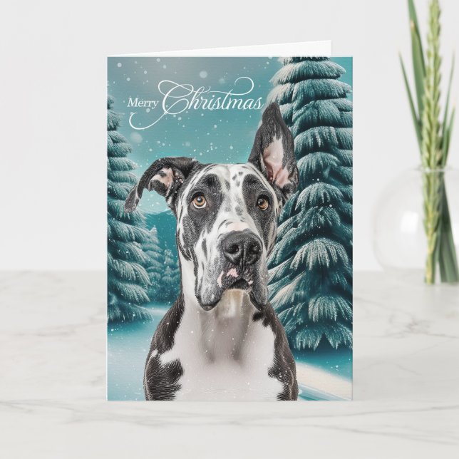 Cartão De Festividades Great Dane Dog Winter Teal Forest Christmas (Frente)
