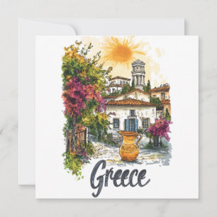 Cartão De Festividades Grécia de Aquarela: Cena de Aldeia com Flores