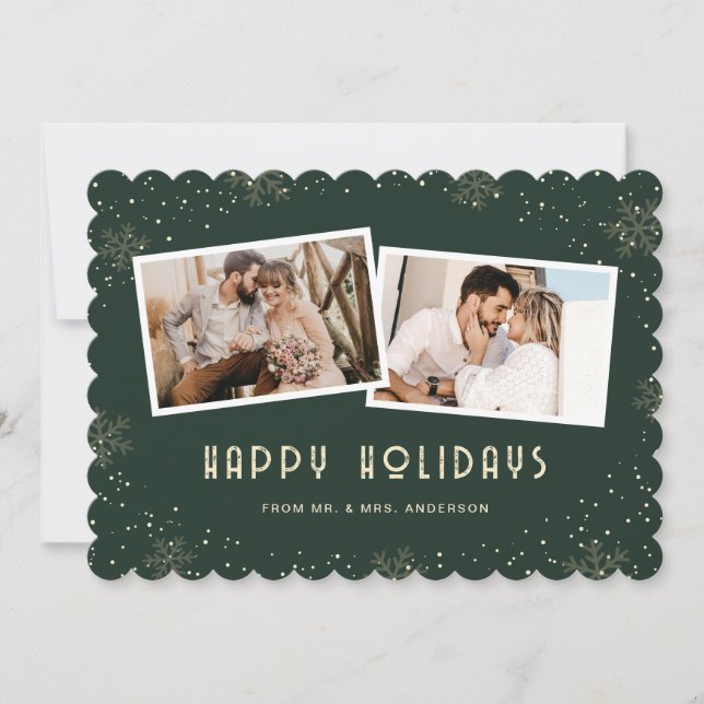 Cartão De Festividades Green 2 Photo Newlywed Happy Holidays Card (Frente)