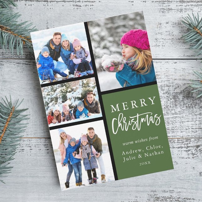 Cartão De Festividades Green 4 Photo Collage Modern Felry Christmas (Criador carregado)