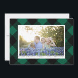 Cartão De Festividades Green and Black Buffalo Check Plaid Photo<br><div class="desc">Black buffalo check plaid is a classic winter holiday motif and it gets a modern update with a pine green background color. Swap the horizontal photo to your own, and personalize the text on both sides of this flat Christmas card. Edit the colors and fonts to make this card completely...</div>