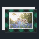 Cartão De Festividades Green and Black Buffalo Check Plaid Photo<br><div class="desc">Black buffalo check plaid is a classic winter holiday motif and it gets a modern update with a pine green background color. Swap the horizontal photo to your own, and personalize the text on both sides of this flat Christmas card. Edit the colors and fonts to make this card completely...</div>