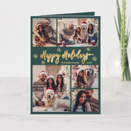 Cartão De Festividades Green and Gold Snowflake 6 Photo Collage Happys 