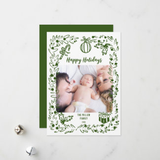 Cartão De Festividades Green and white whimsical Christmas Photo Card