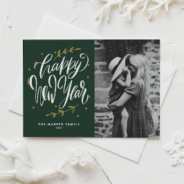 Cartão De Festividades Green Calligraphy and Wreath New Year Photo