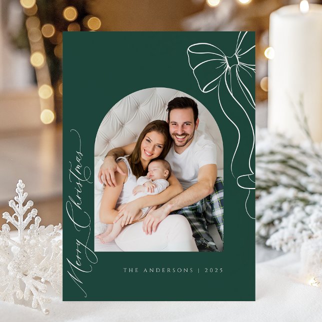 Cartão De Festividades Green Coquette Bow Christmas Photo Card (Criador carregado)