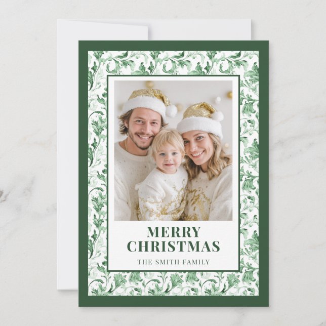 Cartão De Festividades Green Floral Toile Christmas Photo Holiday Card (Frente)