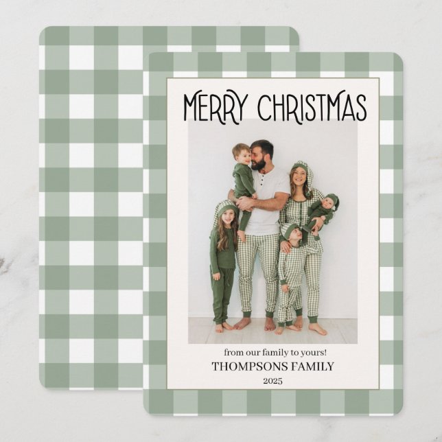 Cartão De Festividades Green Gingham Holiday Family Photo Card (Frente/Verso)