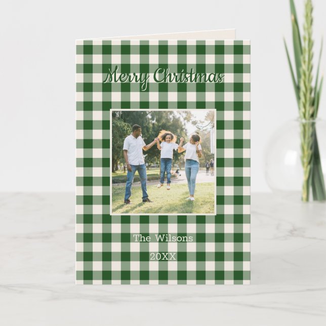 Cartão De Festividades Green Gingham Plaid 2 Photo Christmas (Frente)