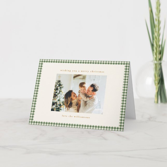 Cartão De Festividades Green Gingham Plaid Custom Photo Christmas Folded (Frente)