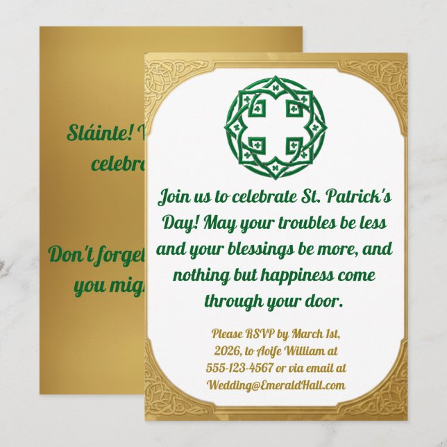 Cartão De Festividades Green Gold Modern  St. Patricks Day Invitation  (Frente/Verso)