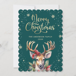 Cartão De Festividades Green Gold Watercolor Reindeer Snow Christmas Card