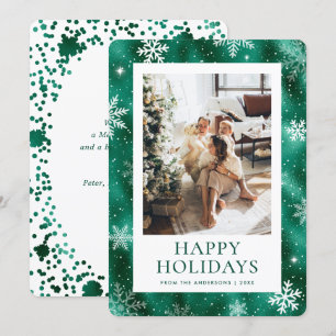 Cartão De Festividades Green Happy Holidays Snowflake Foto da neve