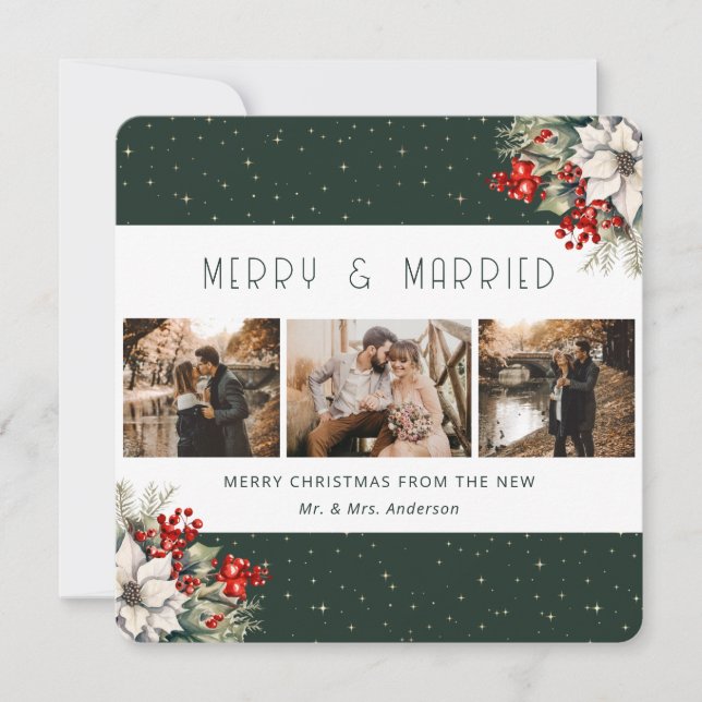 Cartão De Festividades Green Merry and Married Botanical Christmas Card (Frente)