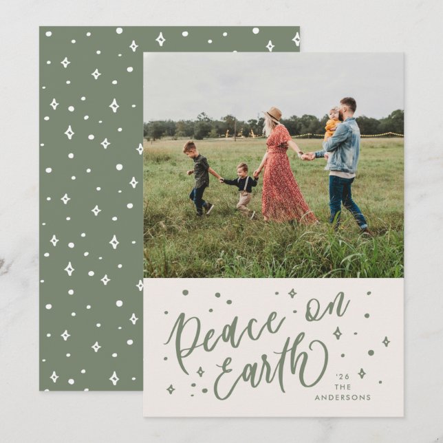 Cartão De Festividades Green Peace on Earth lettering Photo de Natal (Frente/Verso)