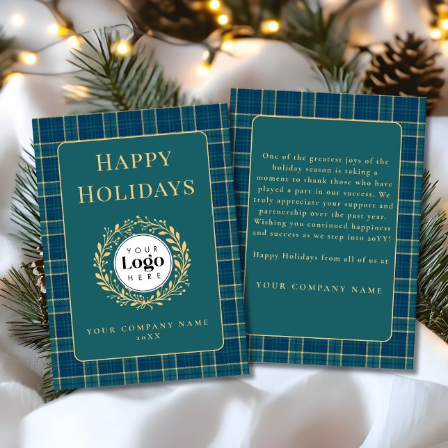 Cartão De Festividades Green Plaid Business Logo Holiday Thank You Card (Criador carregado)
