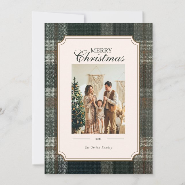 Cartão De Festividades Green Plaid Christmas Two Photo Holiday Card (Frente)