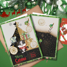 Cartão De Festividades Green Plaid Split-Tree Catmas Card | Cute Kitten
