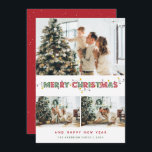 Cartão De Festividades Green Red Christmas Lights 3 Photo Collage<br><div class="desc">Cartões com fotos de Natal Merry e vermelho personalizados com colagem de fotos com um título decorativo e luzes de Natal na frente e fundo vermelho com queda de neve nas costas. Personalize facilmente esses Cartões de foto de Natal vermelhos e verdes com suas imagens, um nome de família e...</div>